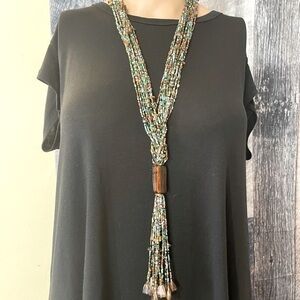 Vintage Beaded Rope Necklace Slide Handmade Borealis Unique Costume Jewelry